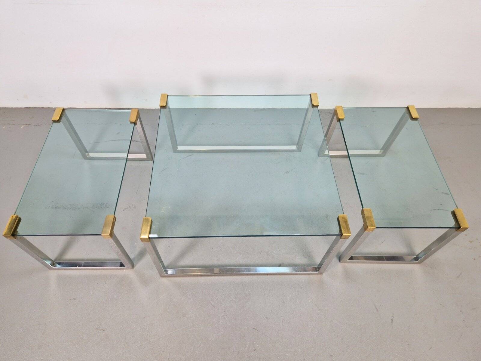 T53 Coffee and Side Tables in Brass and Glass by Peter Ghyczy, 1970s, Set of 3