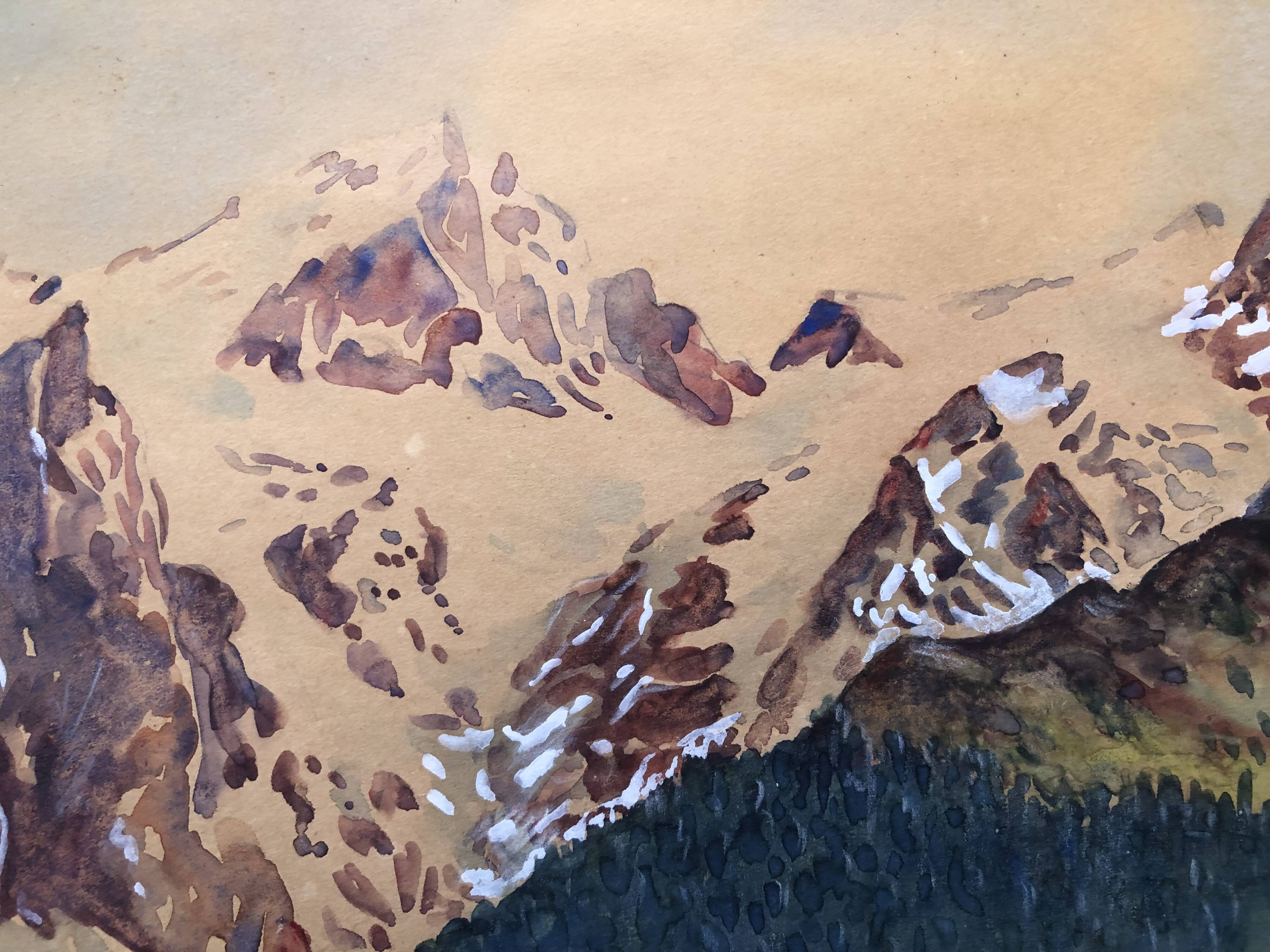 Watercolor painting mountain landscape by joseph hillion circa 1920 village alpes savoie, unframed