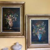 F. Domínguez, floral bodegones, 1945, oil on cardboard box, game of 2