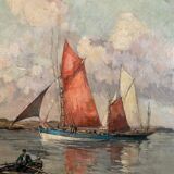 Oil on canvas by Ernest Vauthrin (1878-1949) boats in Brittany