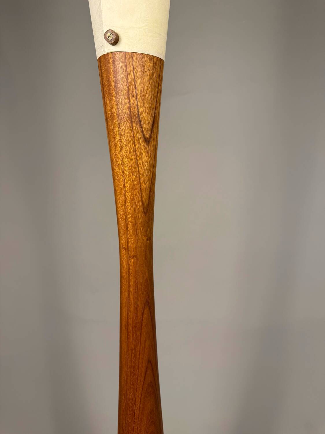 Sculptural floor lamp - exotic wood and textured shade, modern vintage style