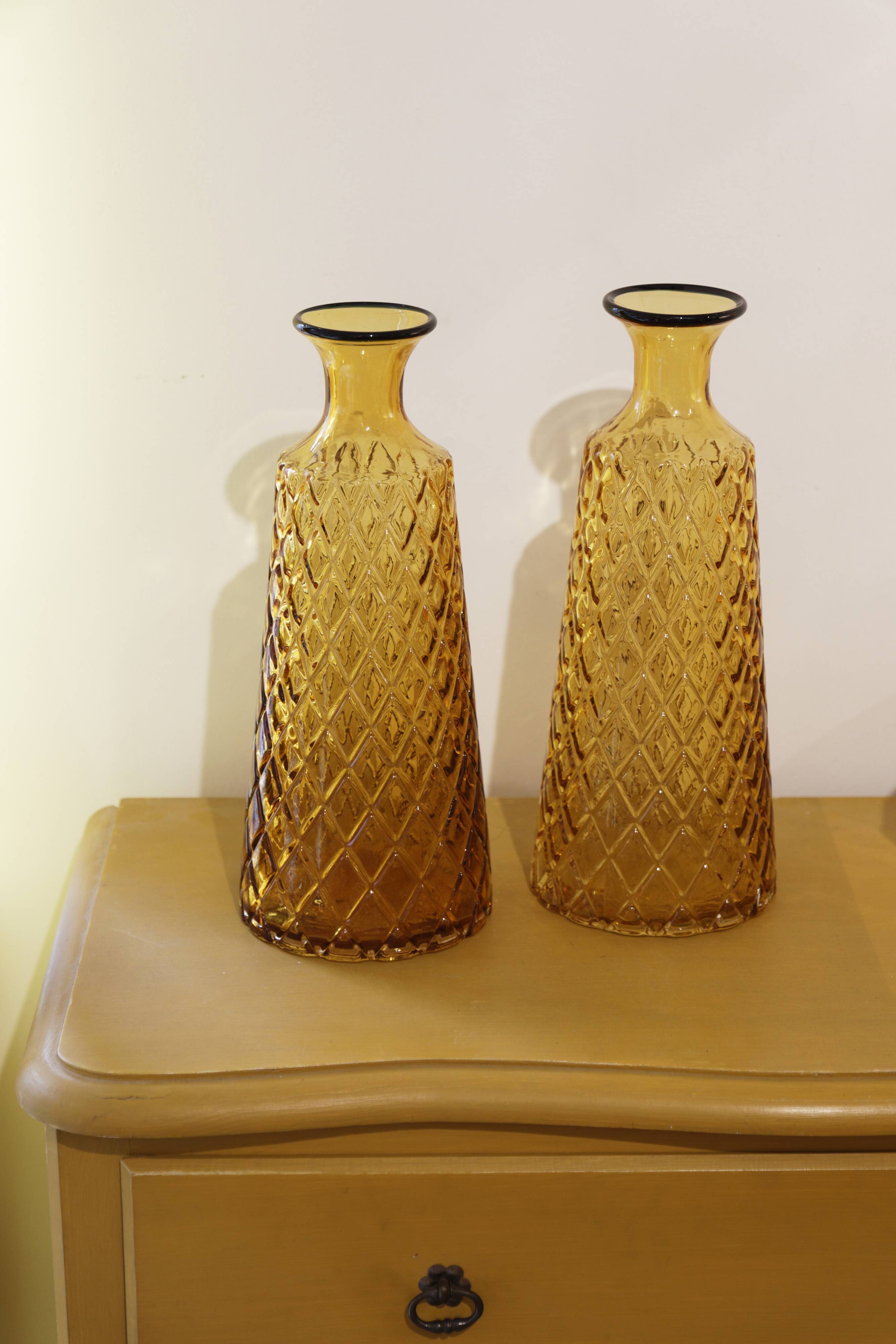 Pair vases carafes in carved glass amber 70's