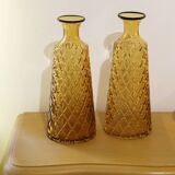 Pair vases carafes in carved glass amber 70's