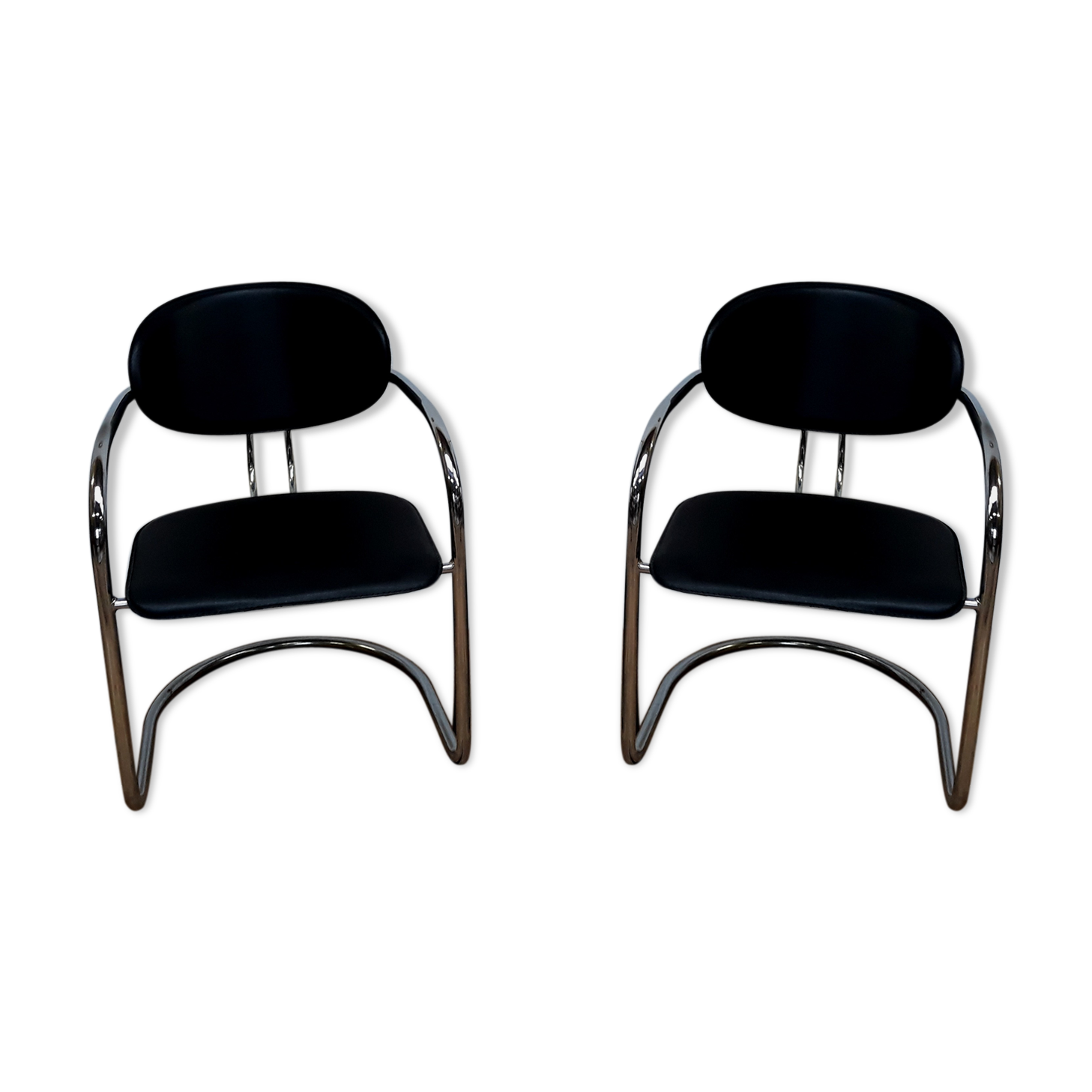 2 armchairs vintage chromed metal and Italian design leather