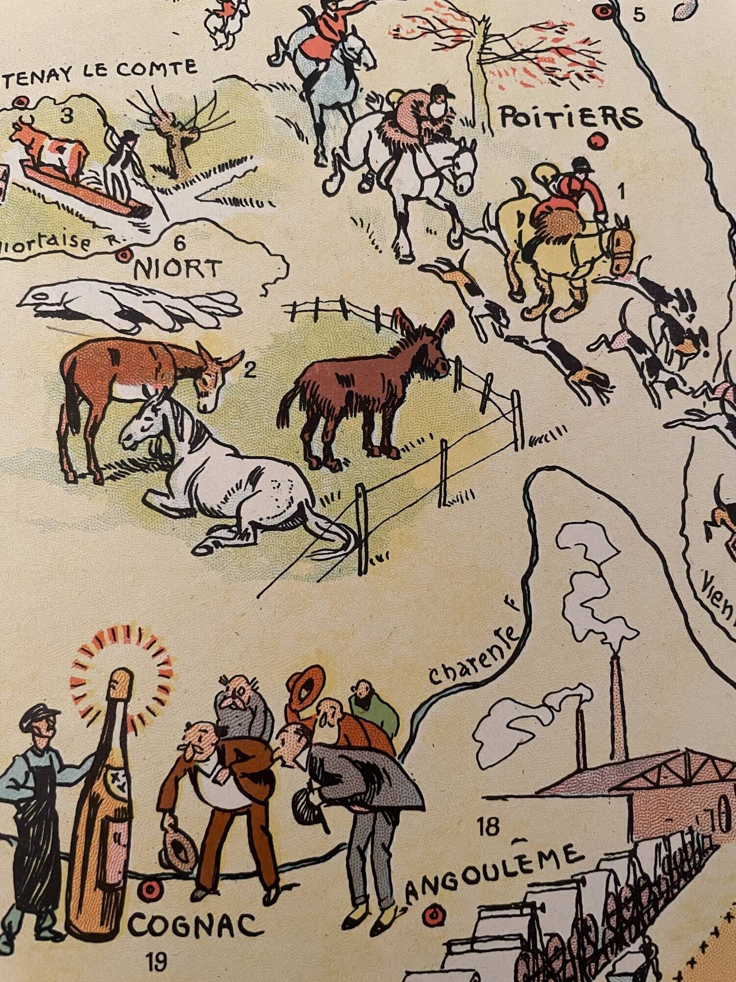 Old illustrated map of the Vendée Poitou Charentes regions - JP Pinchon