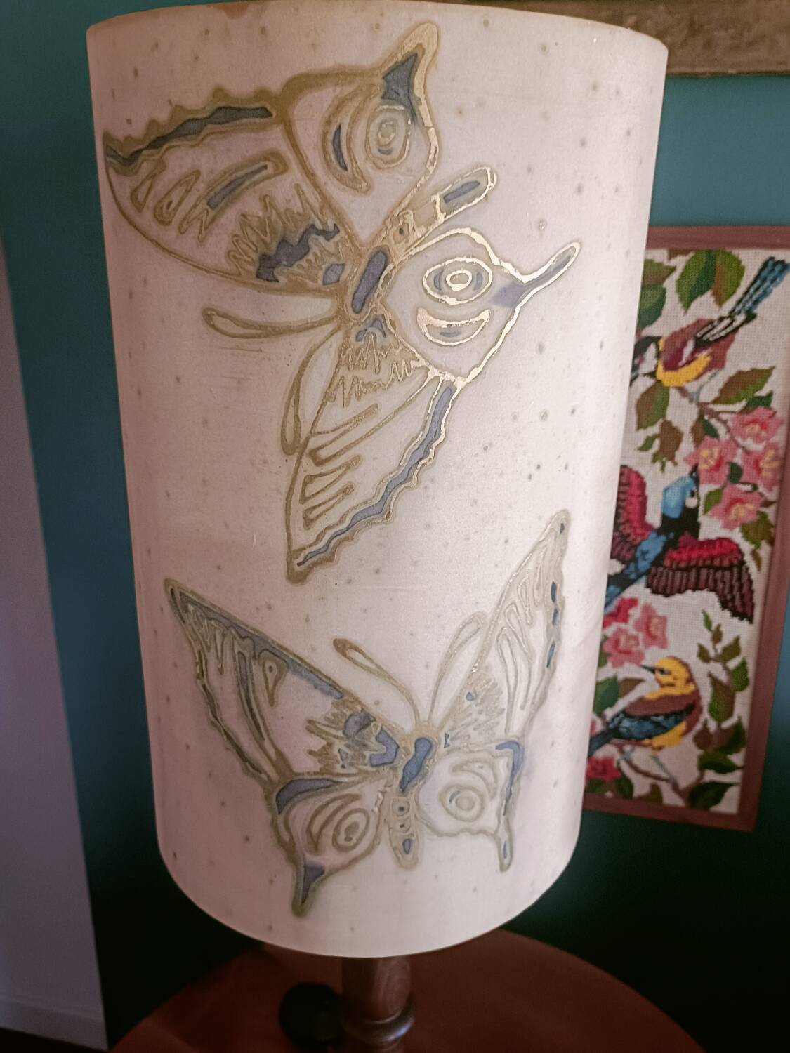 Turned wood lamp and silk lampshade