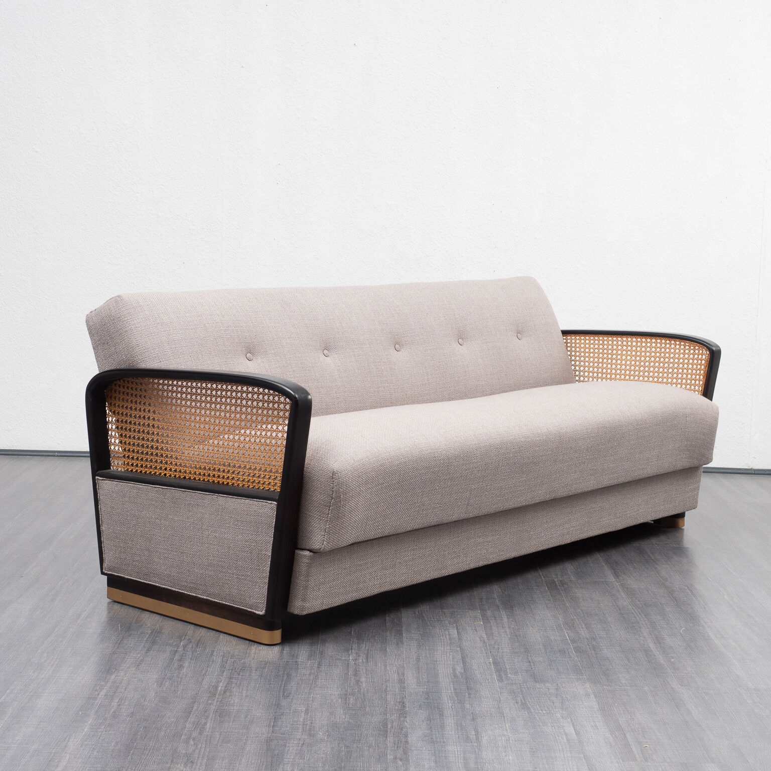 Couch 50s, refurbished, gray, caning