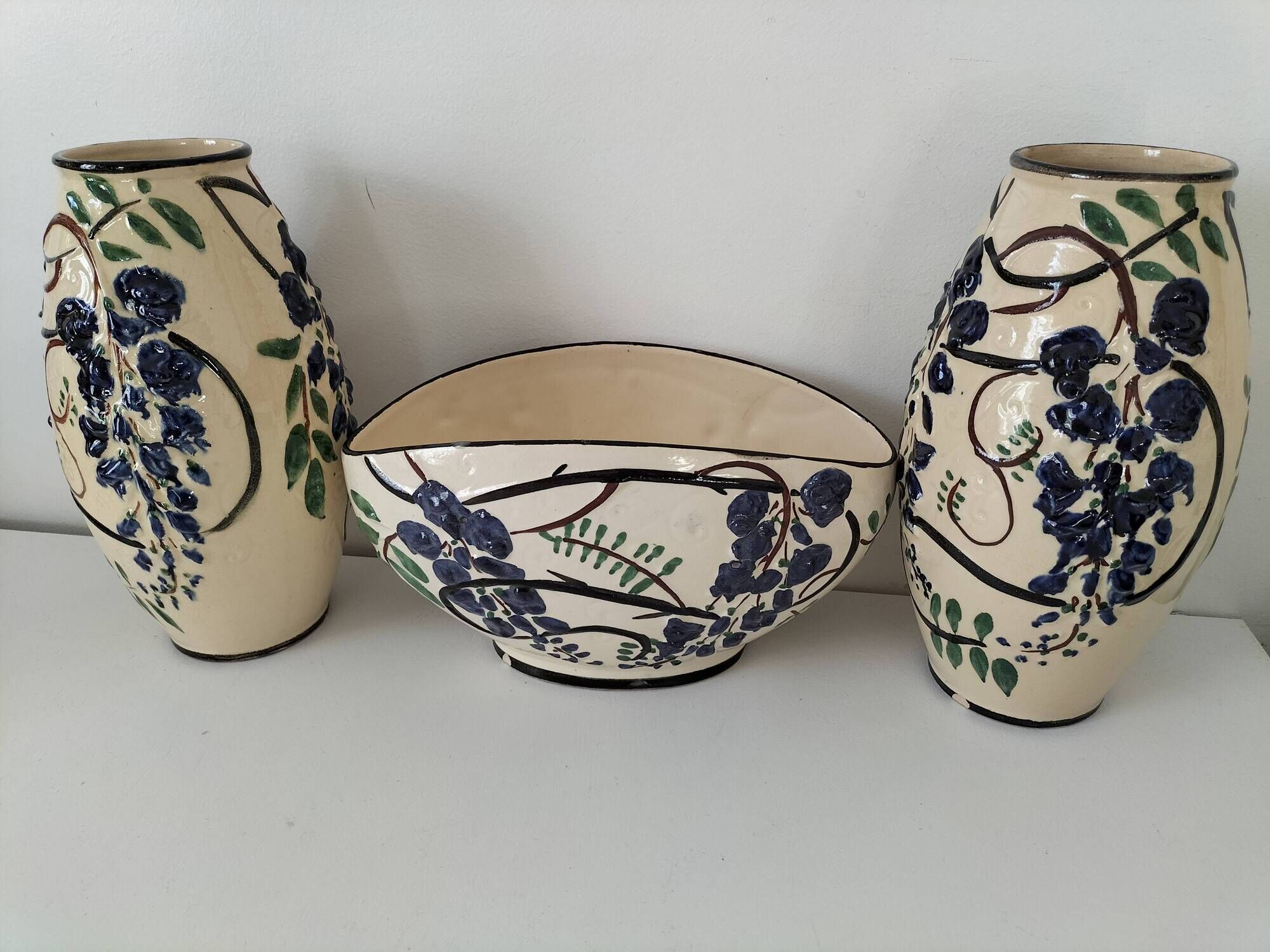Poët-Laval Trio “Wisteria” – 2 vases no. 721 & boat planter no. 729