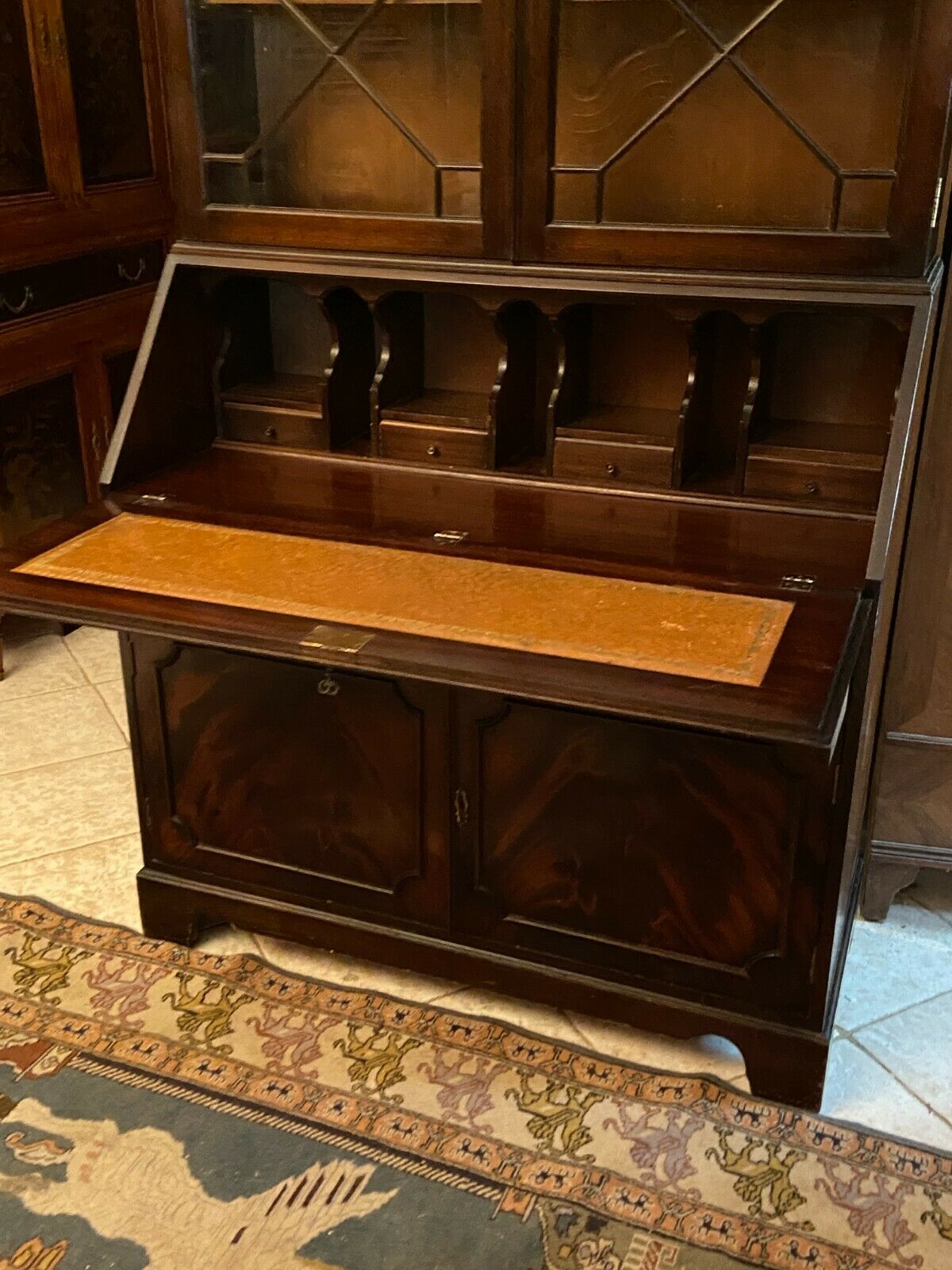 English Scriban two body secretary office showcase library in mahogany