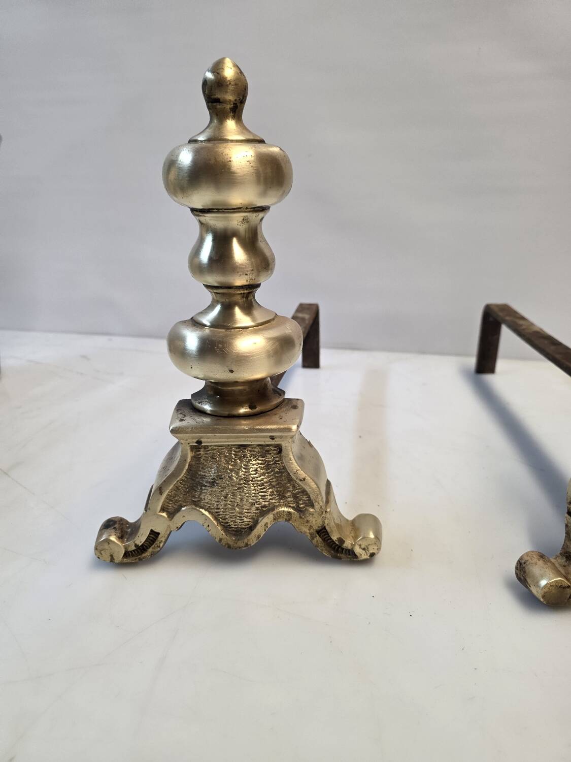 Pair of antique brass andirons, Louis XV style