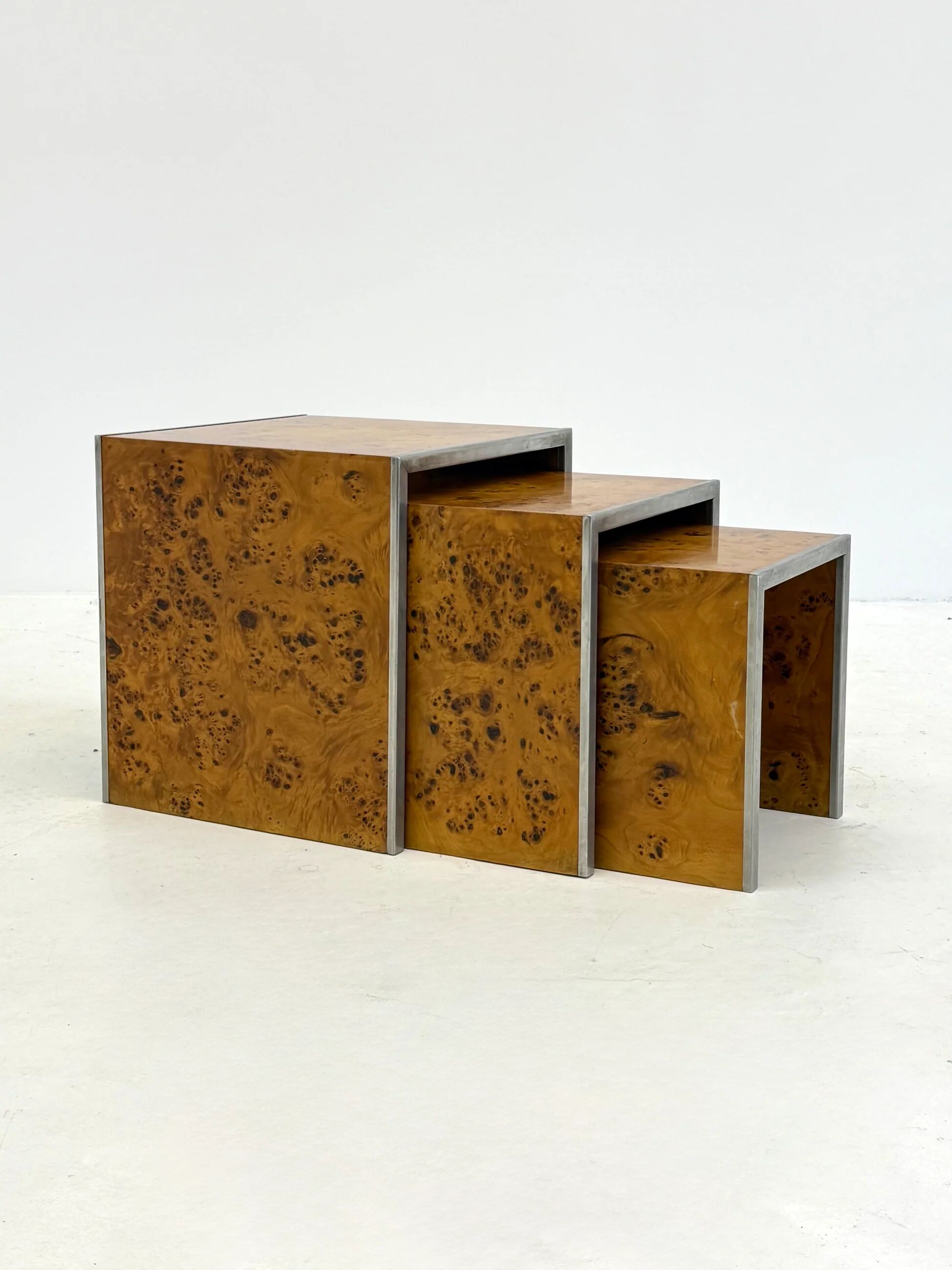 Set of three Tommaso Barbi mid-century modern burl wood nesting tables