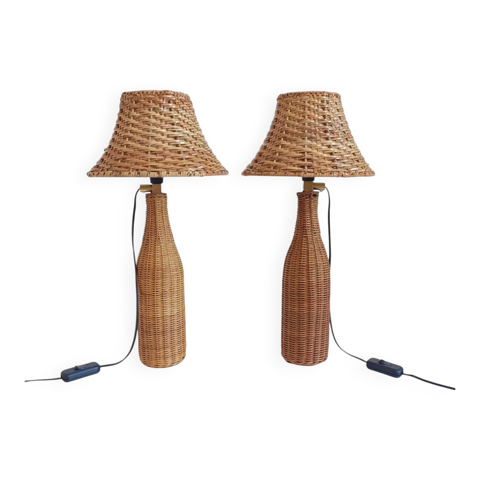 Pair of Table Lamps in Handwoven Wicker and Rattan, France, 1960s