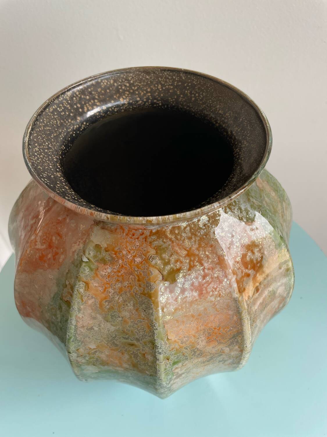 Iridescent glass ball vase with cut sides – Art glass style, unique piece