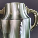 Pair of Art Deco vases in enameled earthenware with white drips on a green background