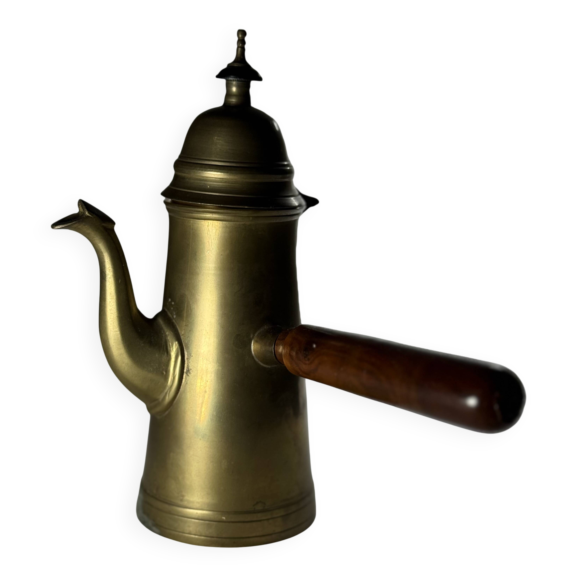 Antique oriental coffee pot, solid brass & wooden handle - 19th century Ottoman