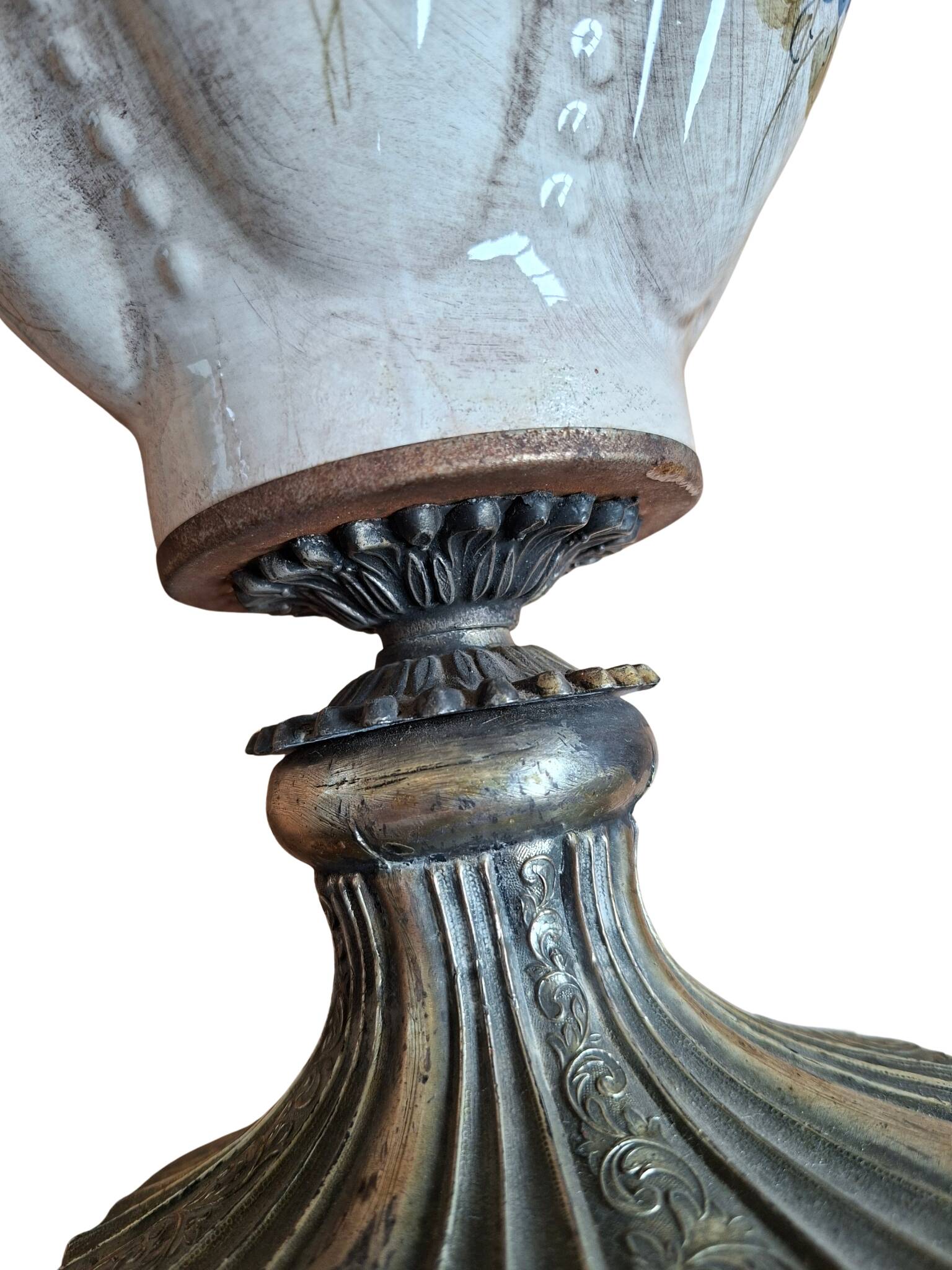 Lampada da Tavolo Vintage in Ceramica dipinta a mano e Velluto Bordeaux