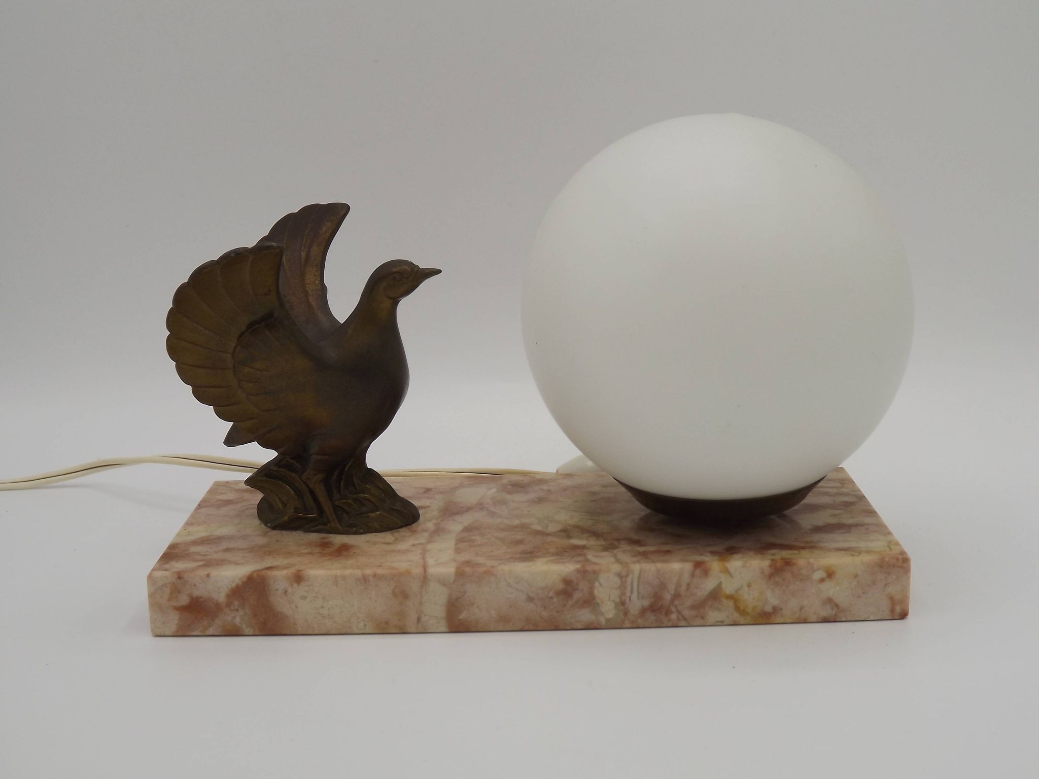 French Art Deco table lamp, bird motif, marble base, white glass globe 4477