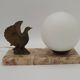 French Art Deco table lamp, bird motif, marble base, white glass globe 4477