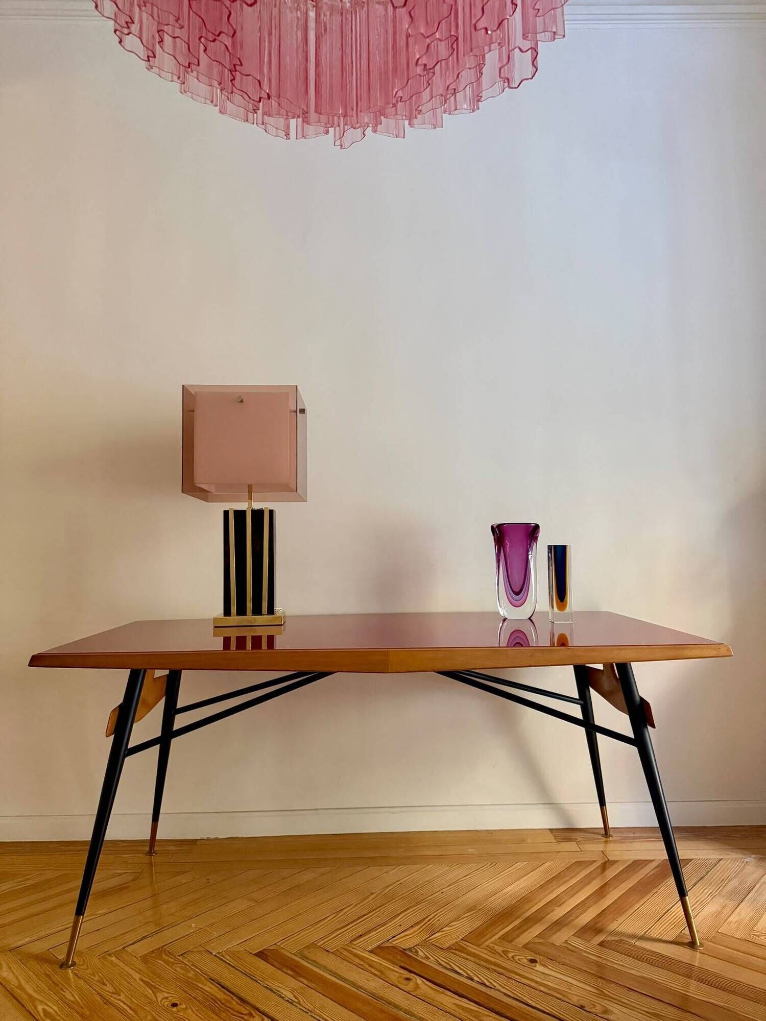 Original table by Ico Parisi with a structure of wood, metal, and stained glass.