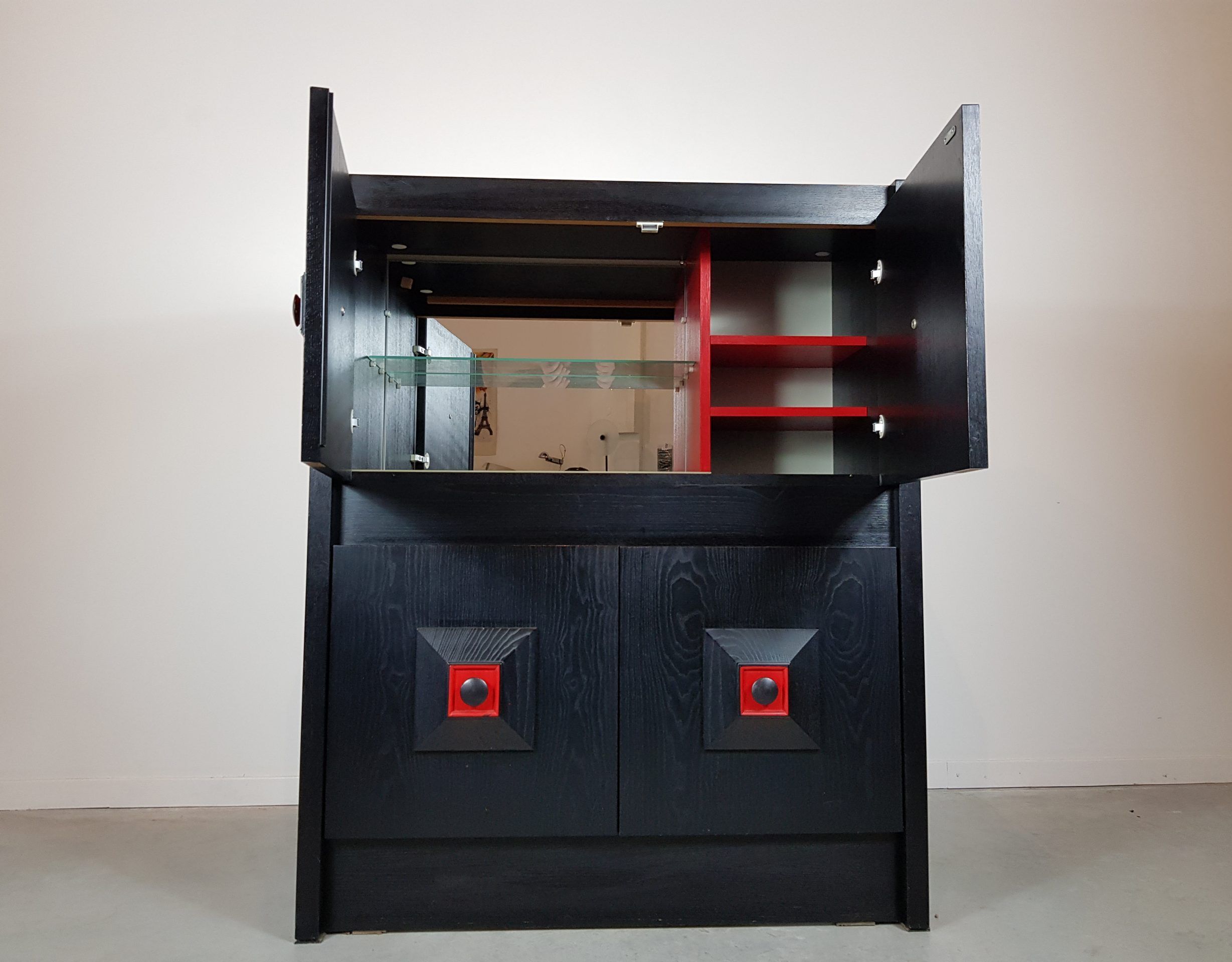 Black and red wooden brutalist bar