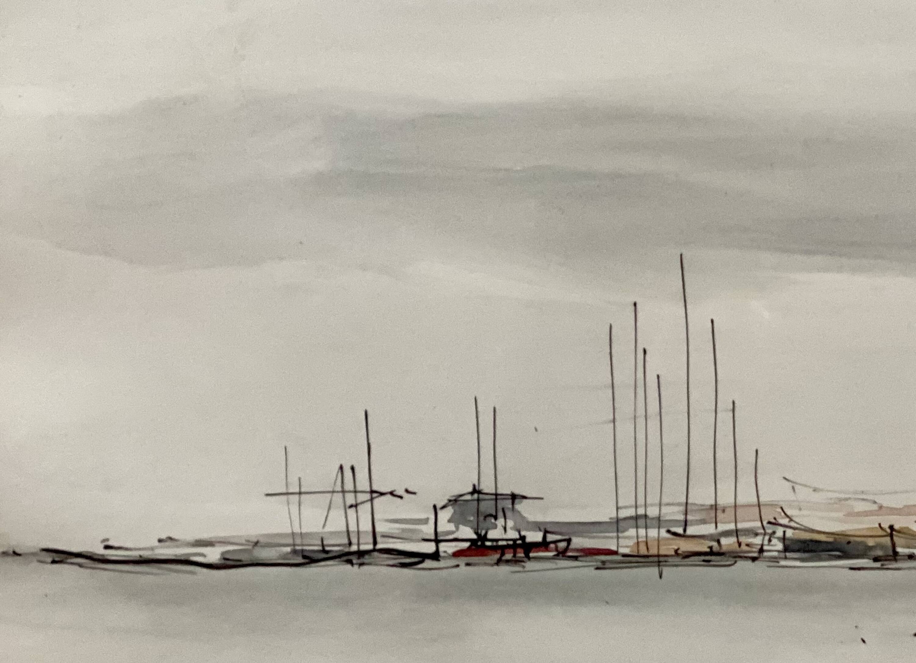 Modernist watercolor by Hubert Gignoux Palma de Mallorca vintage 1970