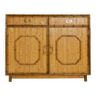 Bamboo chest of drawers with 2 doors and 2 drawers - brass handles, circa 1960.