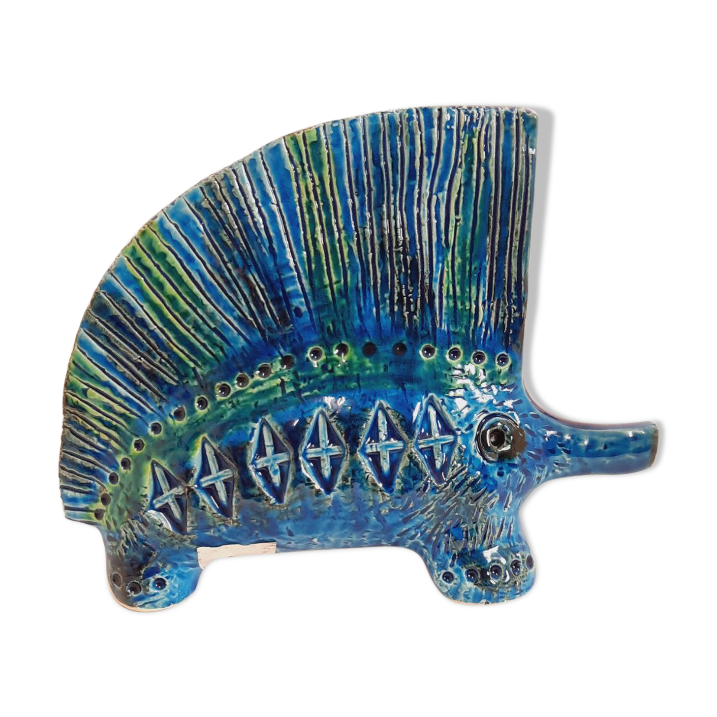 Vintage porcupine statue, design Aldo Londi for Bitossi, Rimini blue series.