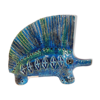 Vintage porcupine statue, design Aldo Londi for Bitossi, Rimini blue series.