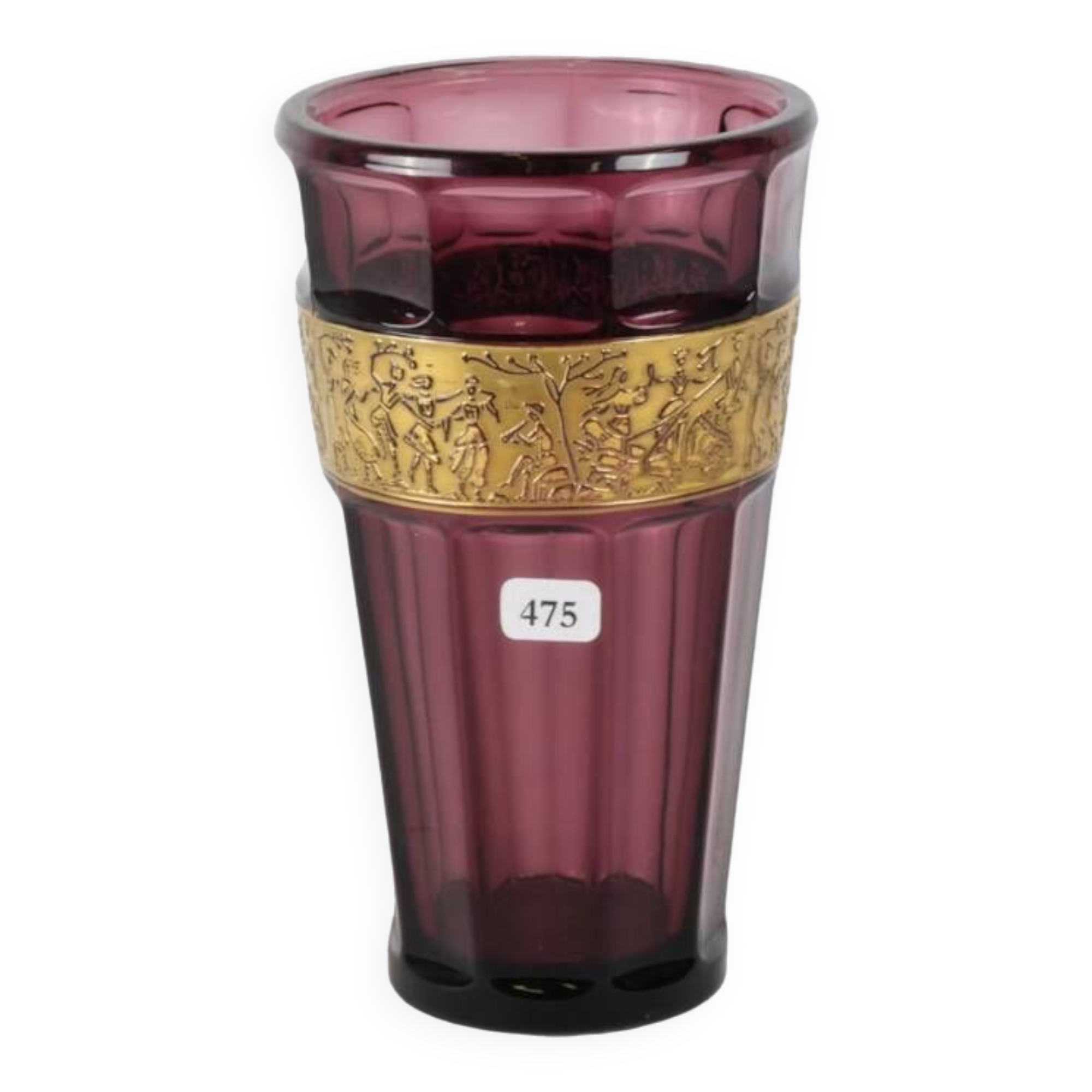 Moser sectional vase with cut sides-purple crystal decor with antique gold highlight