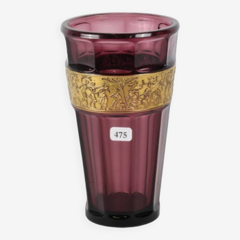 Moser sectional vase with cut sides-purple crystal decor with antique gold highlight