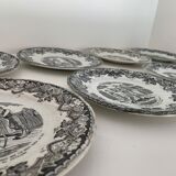 8 old, black and white dessert plates, Lunéville, Country Pranksters