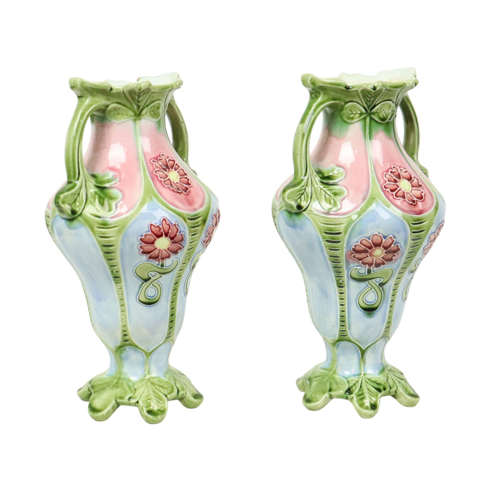 French Art Nouveau Majolica Earthenware Vases ca. 1900