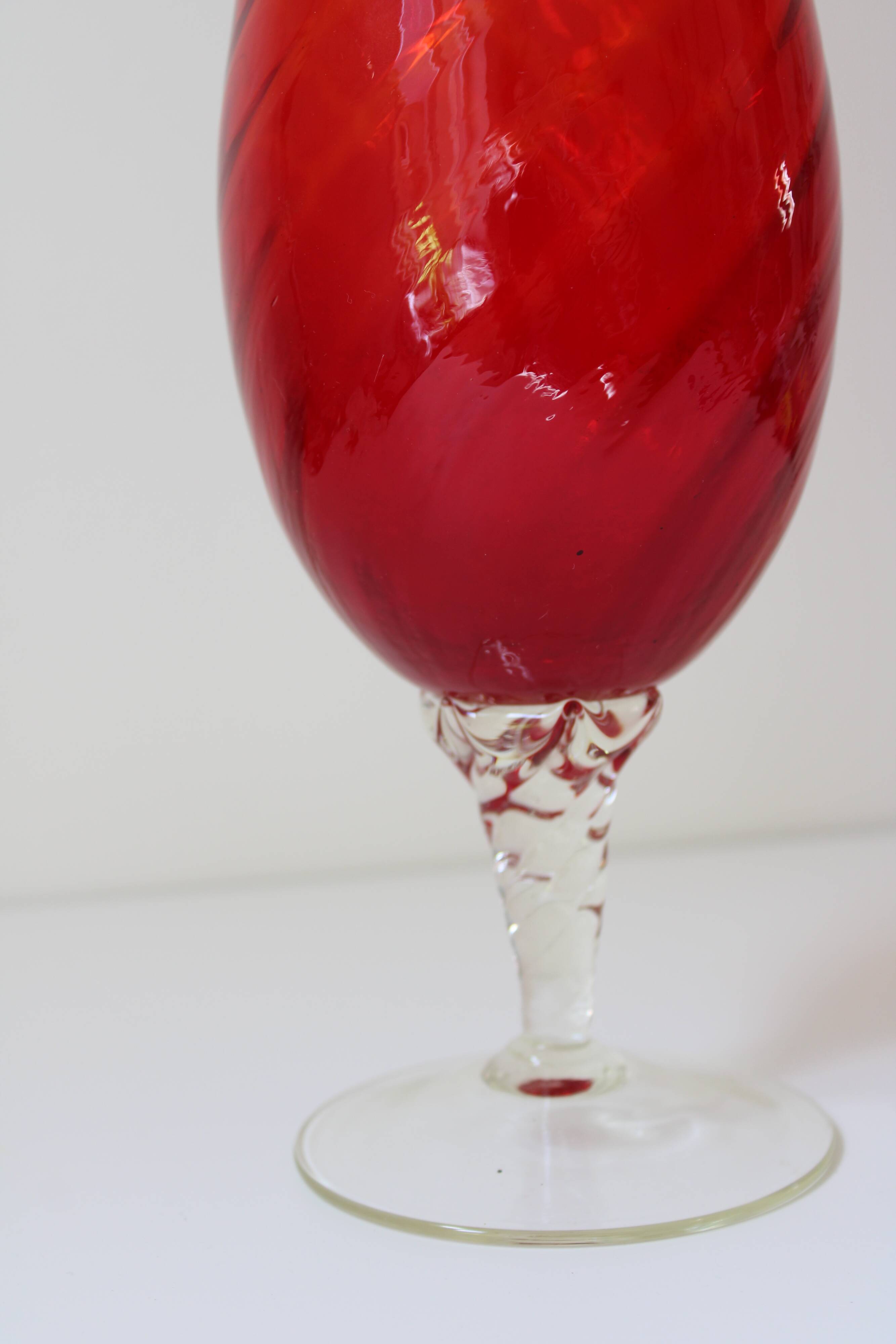 Large vintage twisted red glass vase