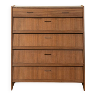 Classic shoe cabinet from the 1960s, walnut veneer, four drop-down doors, two drawers