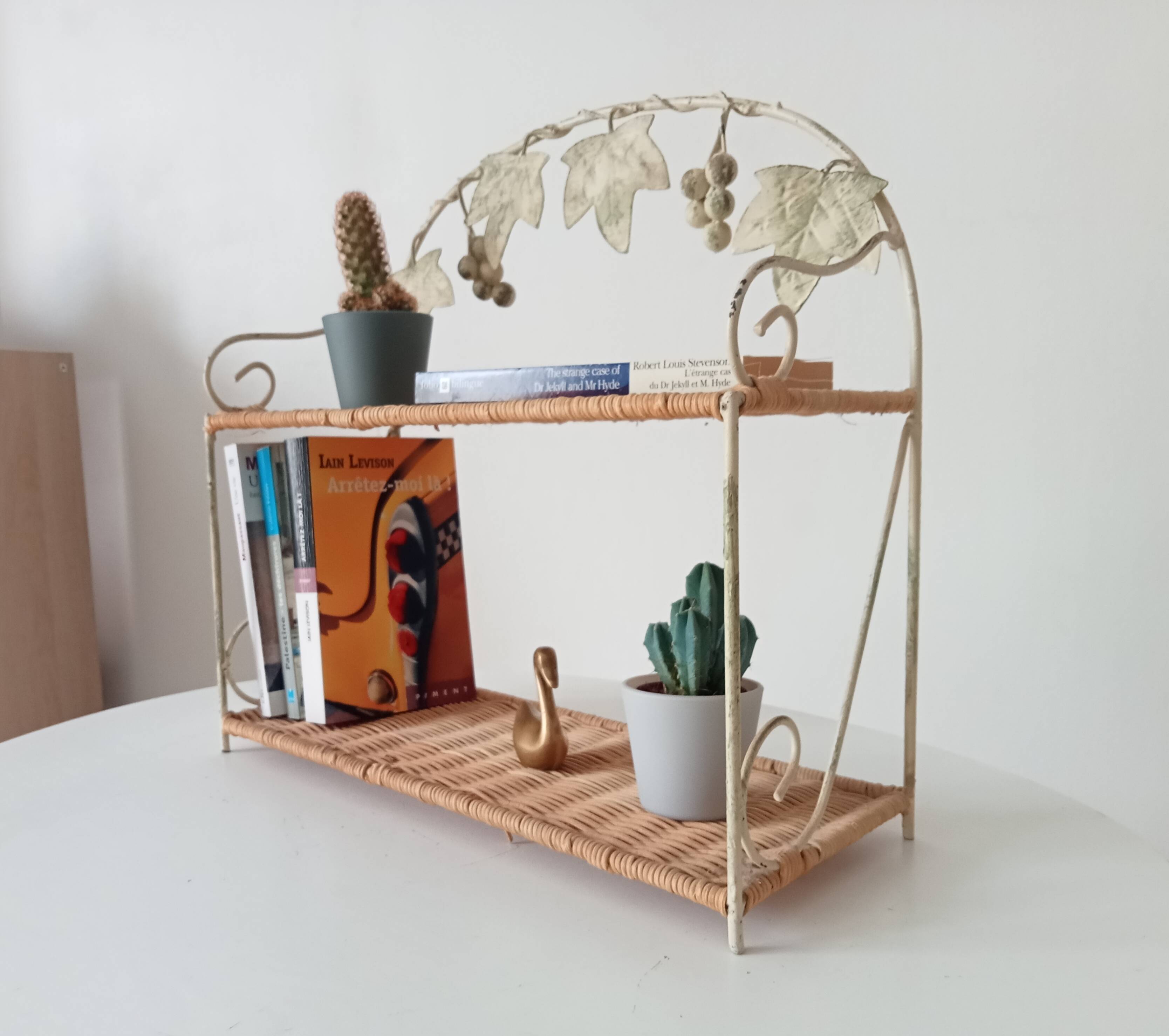 Vintage wall shelf or freestanding wicker in bohemian style.