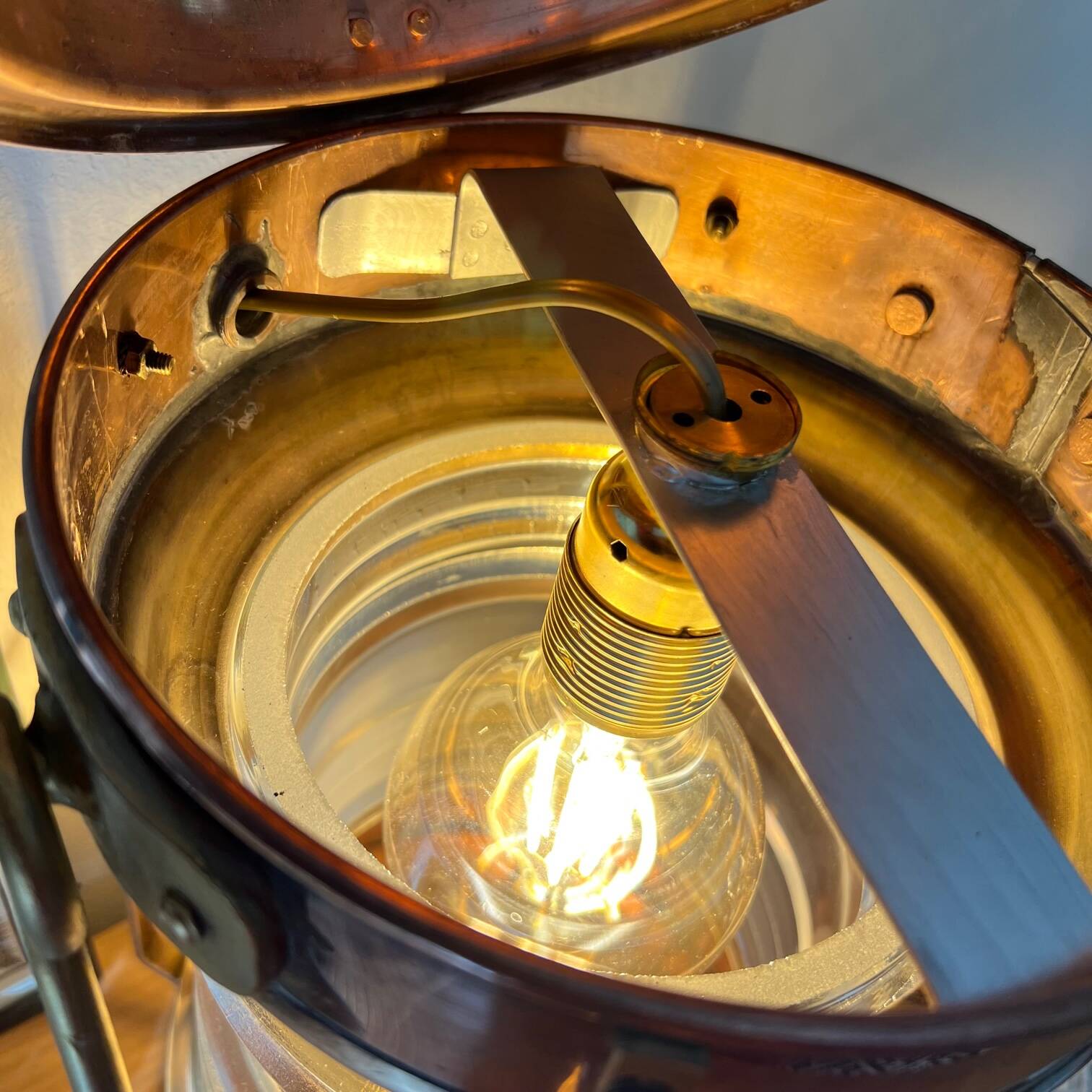Large electrified copper and brass lamp