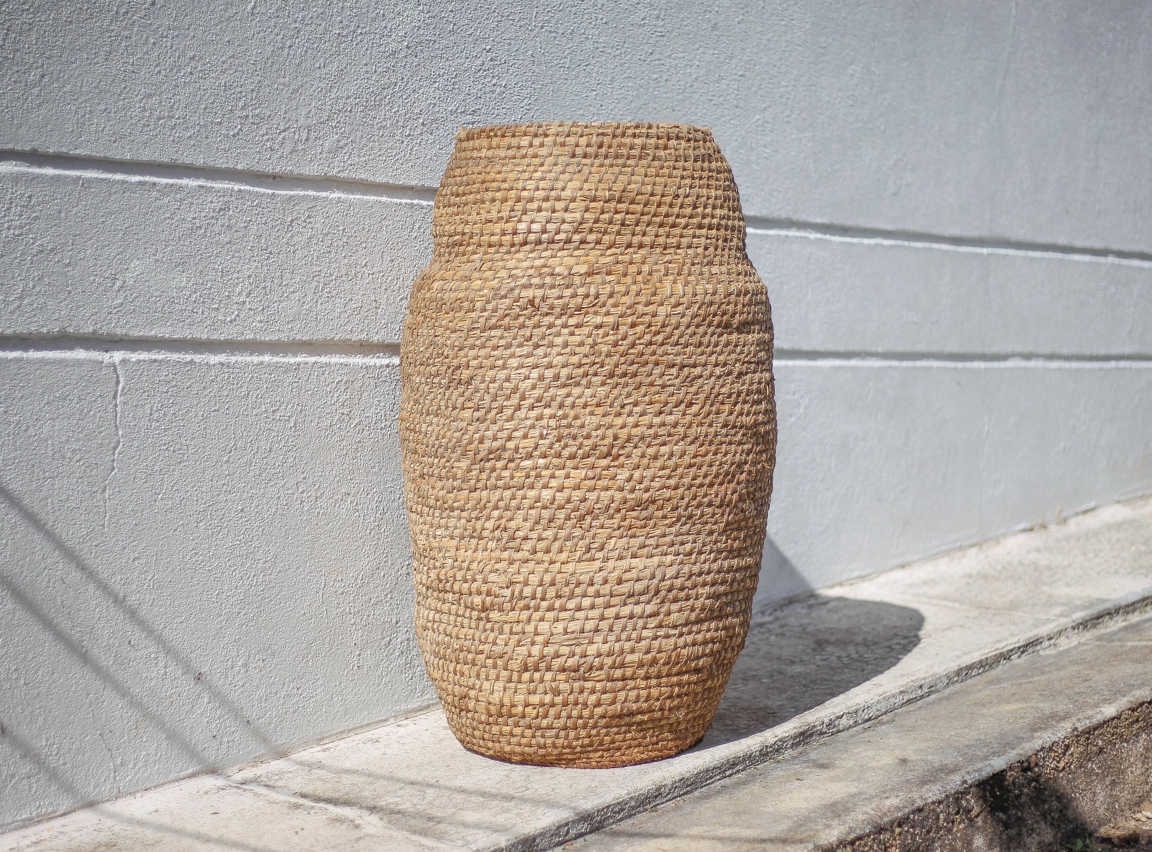 Large old basket, burgundy straw and bramble, woven basket