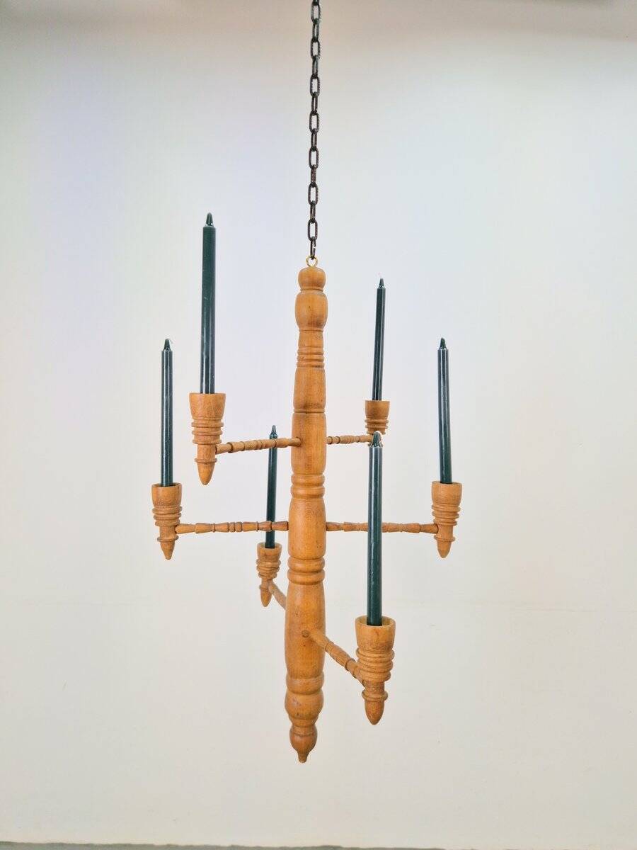 Brutalist Twisted Spool Candle Chandelier in Wood, 1960s