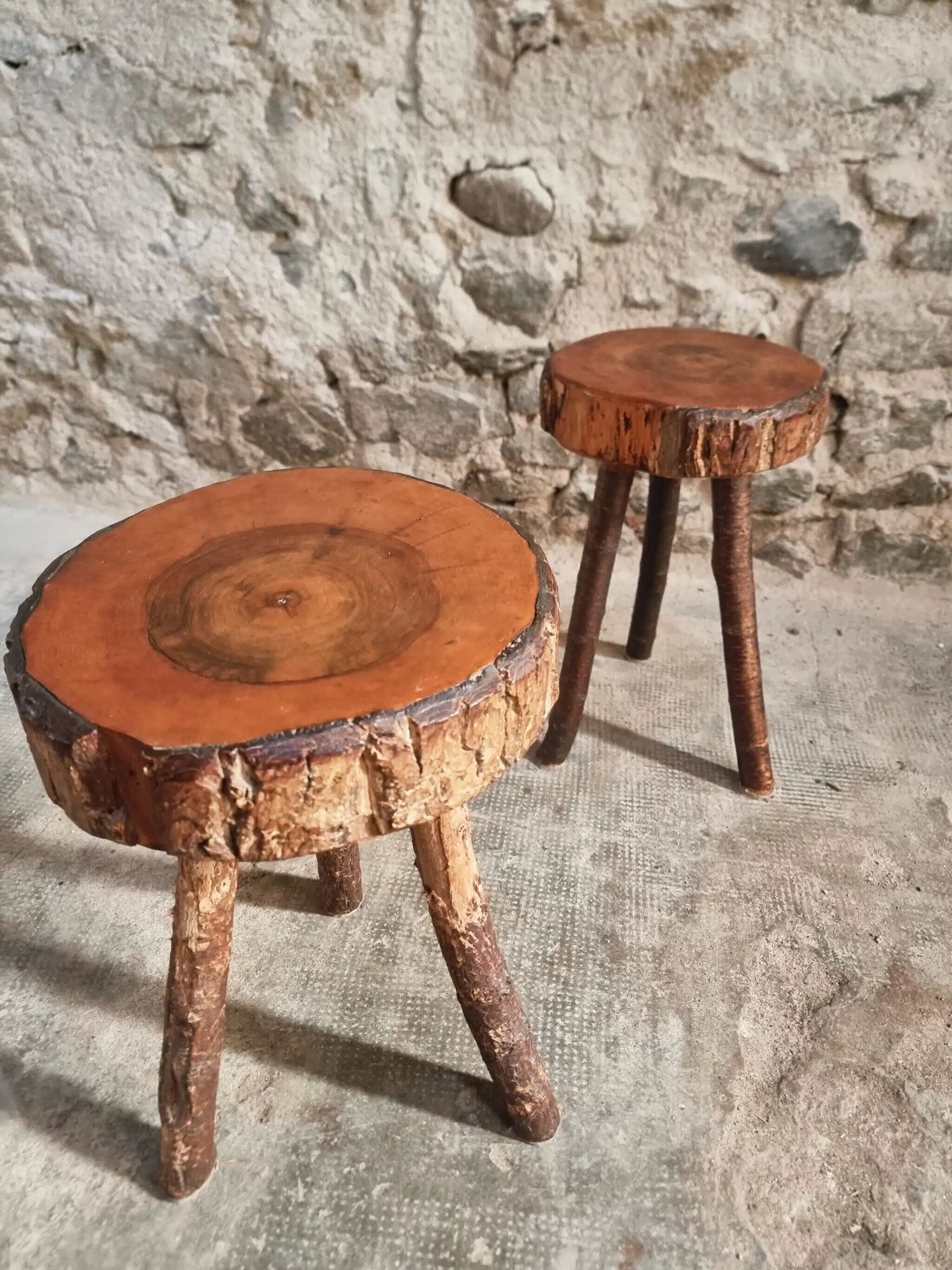 Vintage wooden tripod stools, set of 2, France 1960s