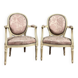 Pair of louis xvi style cream lacquered wood medallion back armchairs