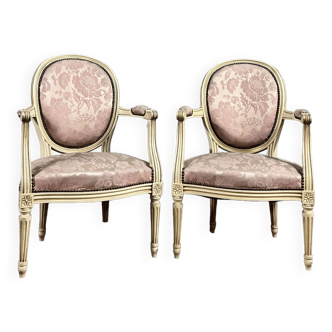 Pair of louis xvi style cream lacquered wood medallion back armchairs