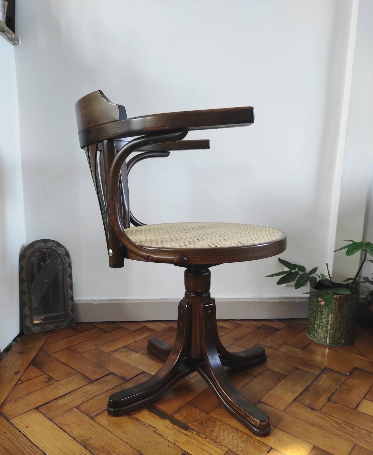 Vintage swivel office chair with curved wood and caning (Thonet style)