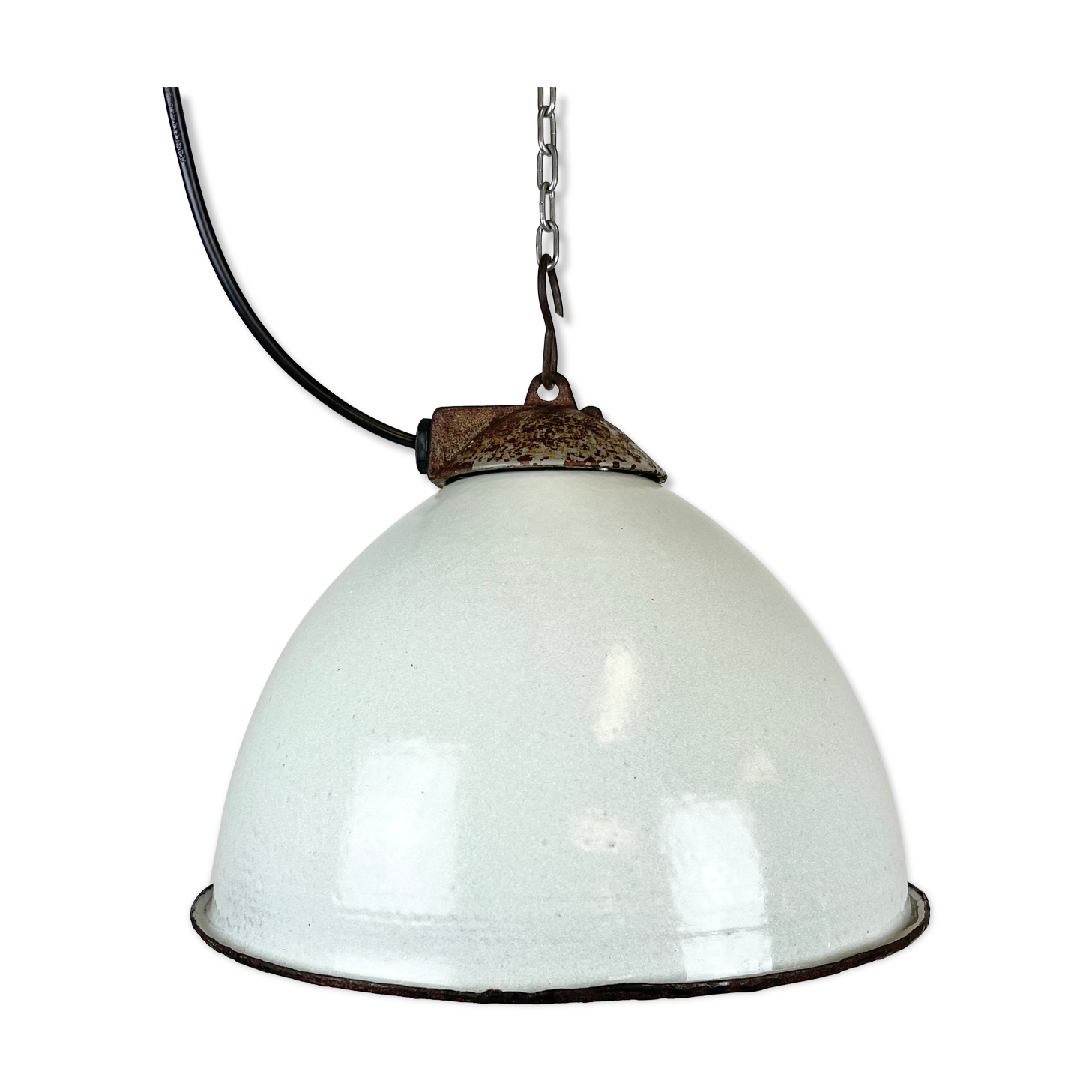 Industrial White Grey Enamel Factory Lamp with Cast Iron Top, 1960s