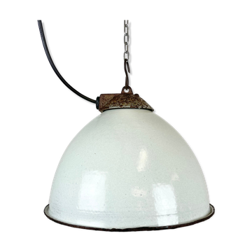 Industrial White Grey Enamel Factory Lamp with Cast Iron Top, 1960s