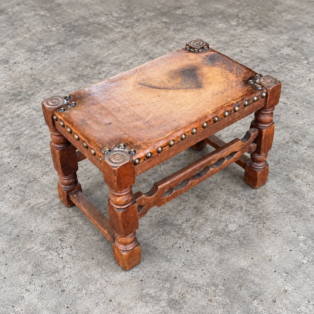 2 x Spanish footstool / wood leather / medieval-style / 1920s