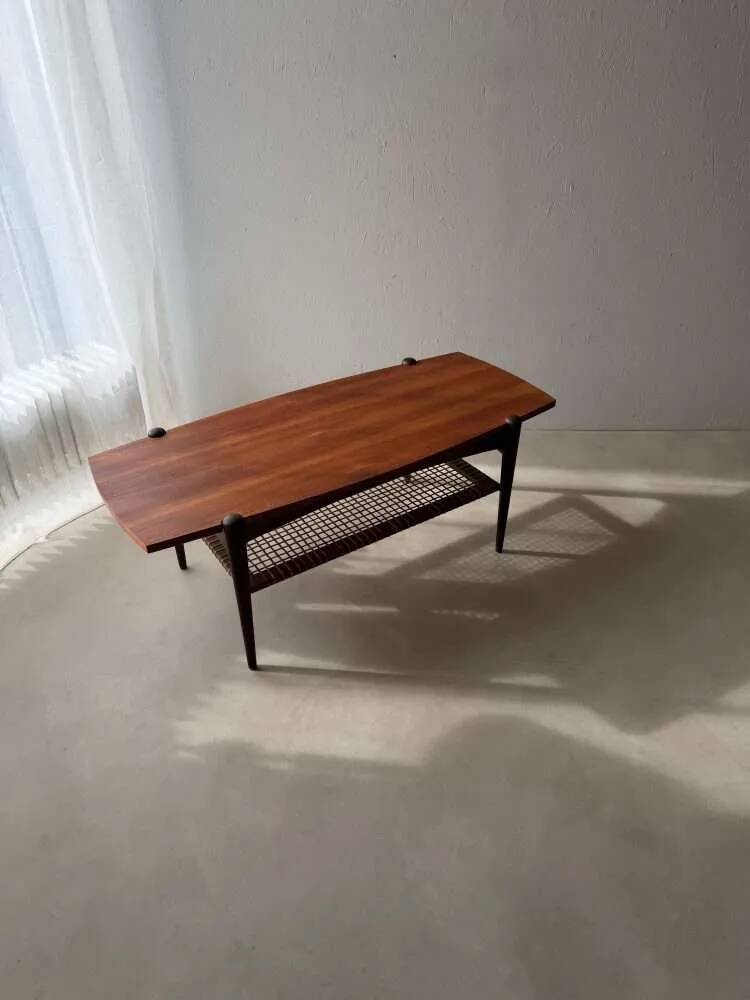 Vintage Creafort coffee table 1960s teak with rattan magazine shelf
