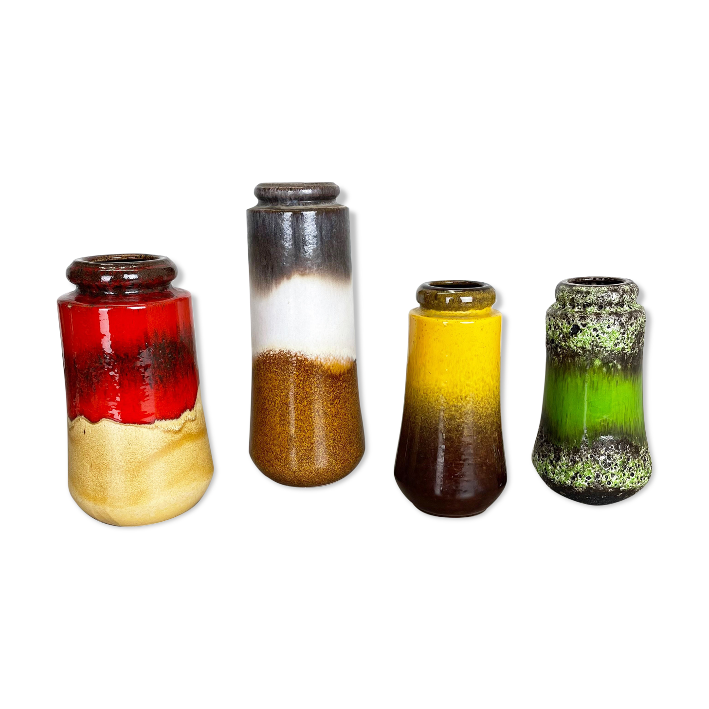 Set of Four 1970s Pottery Fat Lava "multicolor" Vases Made by Scheurich, Germany