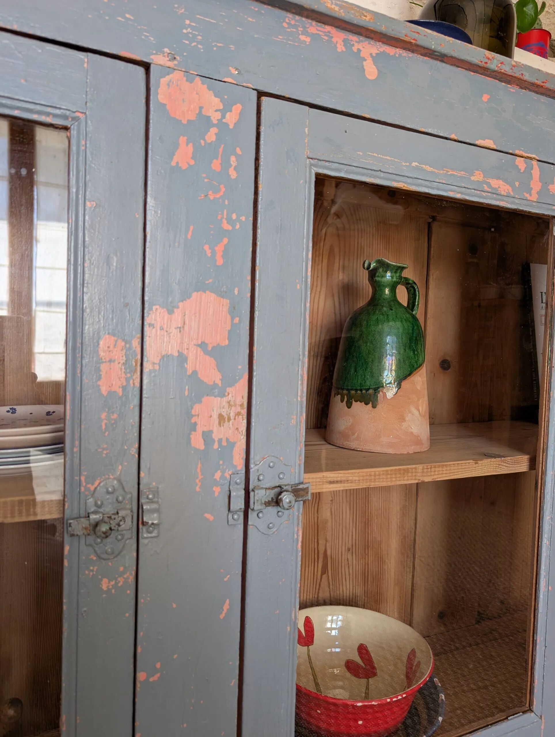 Glazed enfilade antique workbench – blue patina