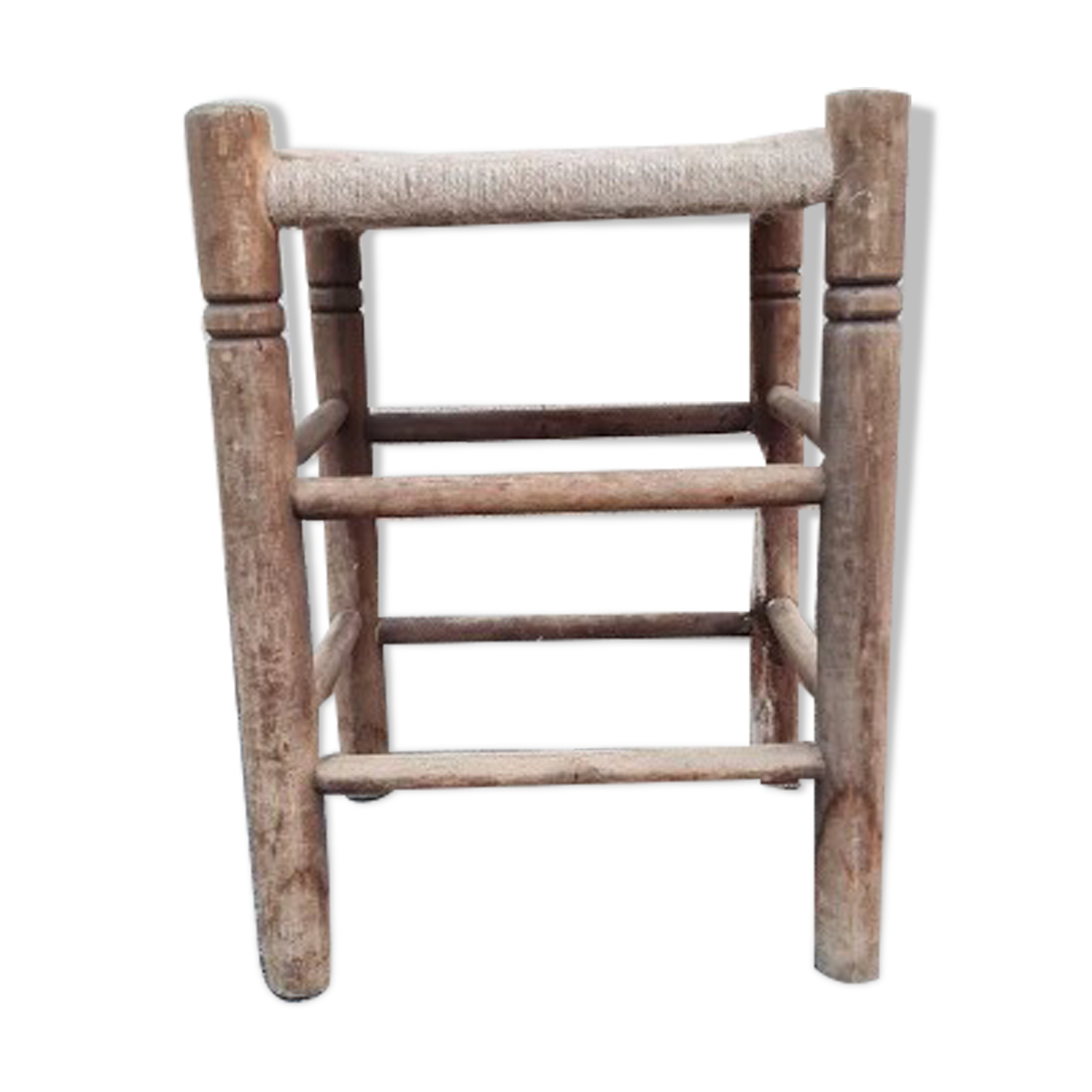 Vintage handmade wooden stool and rope