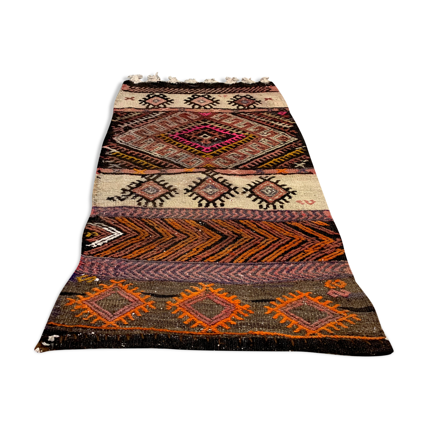 Vintage Turkish Mini Kilim 110x65 cm Shabby Small Kelim Rug Brown Beige Red